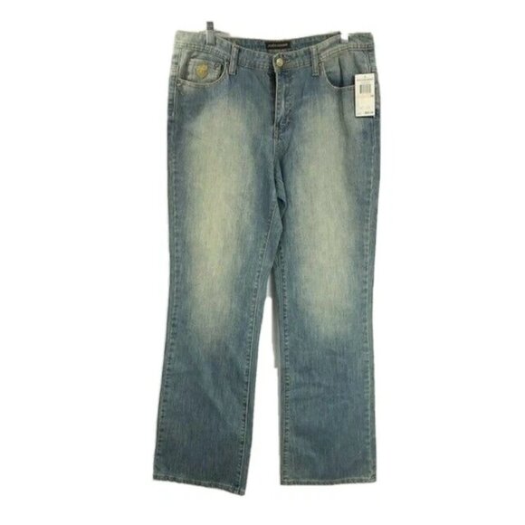 RocaWare Jeans Light Blue Embroidered Logo & Pocket Brown Yellow Size 14 NWT - Picture 4 of 5